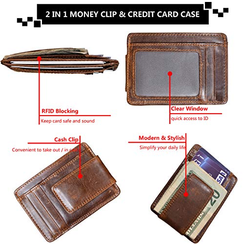 HOPSOOKEN Money Clip RFID Front Pocket Wallet Men Leather Slim Minimalist Wallet (Brown with ID Window (Crazy Hourse Leather)) - Image 3