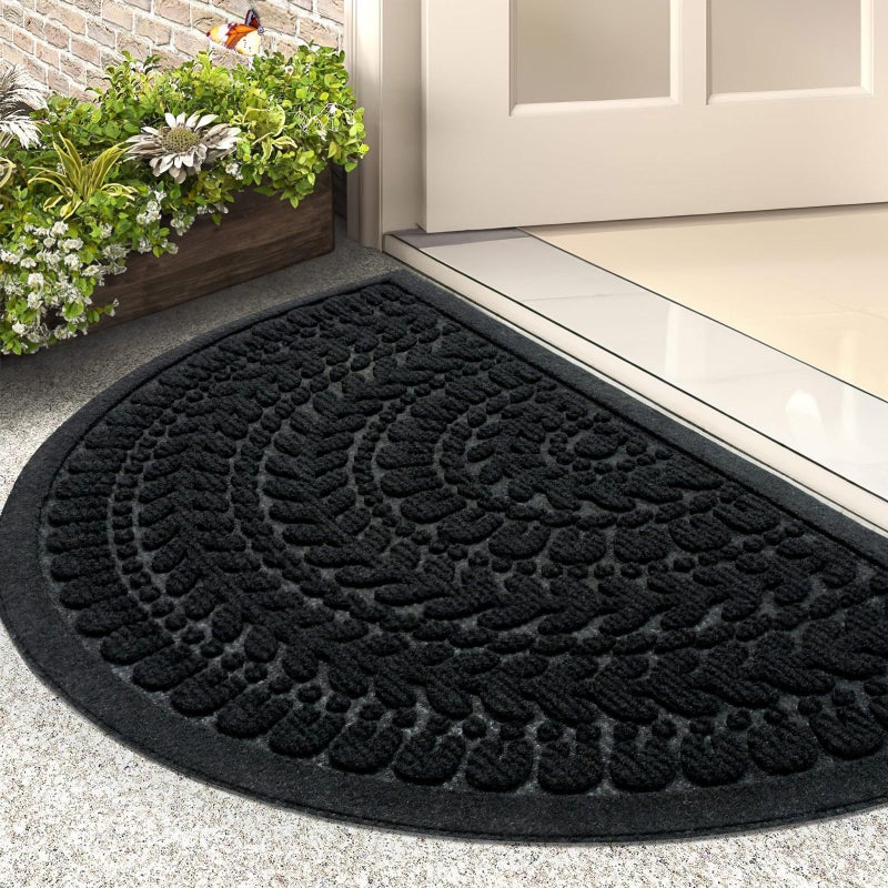 RORA Half Circle Door Mat Front Door Mat Outside Entrance Black Welcome Mats Indoor Outdoor Semicircular Doormat for Outdoor Half Round Door Mats for Garage Muddy Paws 17â€x30â€ - Image 1