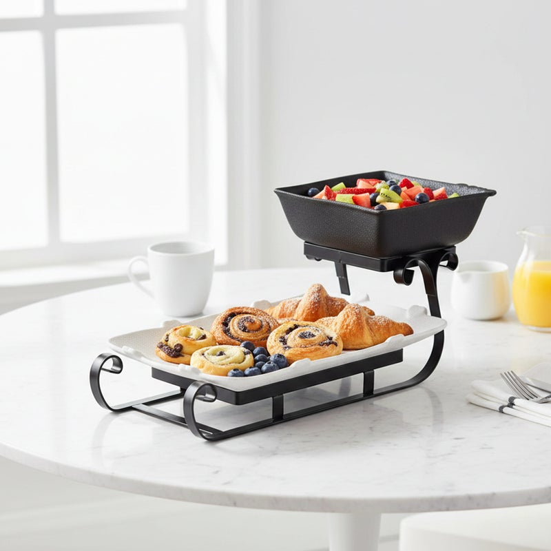 Shallow 2-Tier Home Serving Set Porcelain Ceramic Square Bowl&Rectangular Platter - Multi-Level Food Tower for Appetizers&Festive Hosting Space-Saving Stand (18cm & 36cm, White & Black) - Image 5