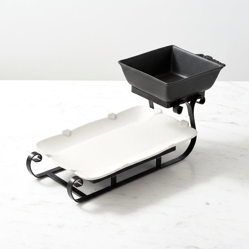 Shallow 2-Tier Home Serving Set Porcelain Ceramic Square Bowl&Rectangular Platter - Multi-Level Food Tower for Appetizers&Festive Hosting Space-Saving Stand (18cm & 36cm, White & Black) - Image 4