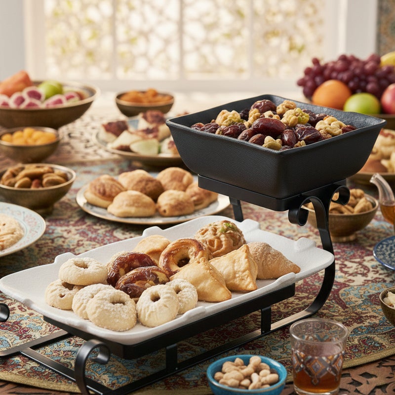 Shallow 2-Tier Home Serving Set Porcelain Ceramic Square Bowl&Rectangular Platter - Multi-Level Food Tower for Appetizers&Festive Hosting Space-Saving Stand (18cm & 36cm, White & Black) - Image 3