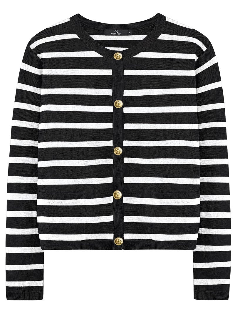 LILLUSORY Women's Striped Cardigan Sweaters Fall Outfits Clothes Fashion Trendy Long Sleeve Tops Casual Knit Lady Jackets Black White X-Small - Image 1