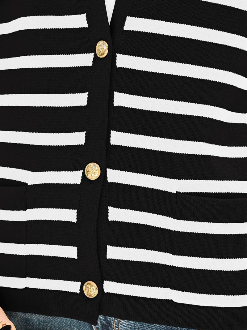 LILLUSORY Women's Striped Cardigan Sweaters Fall Outfits Clothes Fashion Trendy Long Sleeve Tops Casual Knit Lady Jackets Black White X-Small - Image 5