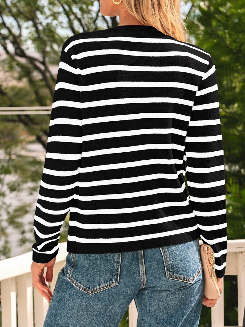 LILLUSORY Women's Striped Cardigan Sweaters Fall Outfits Clothes Fashion Trendy Long Sleeve Tops Casual Knit Lady Jackets Black White X-Small - Image 4