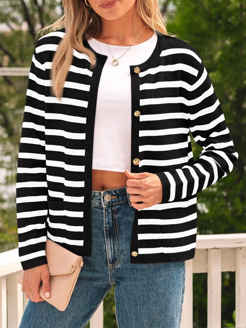 LILLUSORY Women's Striped Cardigan Sweaters Fall Outfits Clothes Fashion Trendy Long Sleeve Tops Casual Knit Lady Jackets Black White X-Small - Image 3