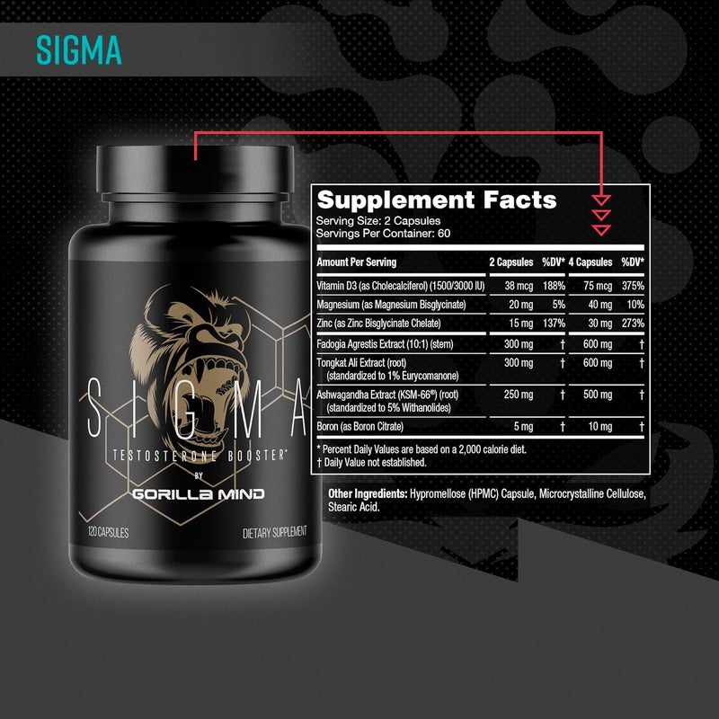 Gorilla Mind Sigma Testosterone Booster  Made with Tongkat Ali and Fadogia Agrestis Extract to Support Higher Testosterone Level 120 Capsules - Image 2