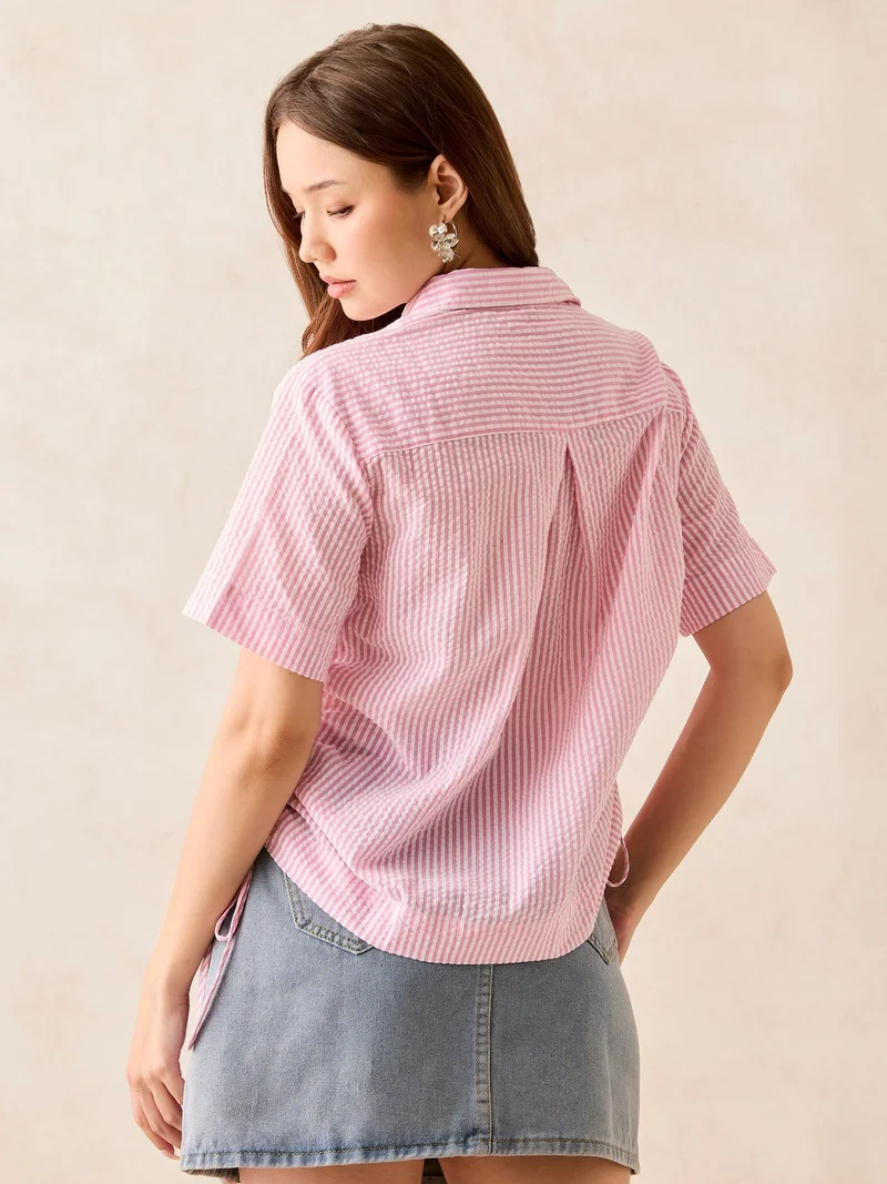 Outzidr Pink Pink Boxy Shirt With Side Ruching Detail for Women | Best Price UAE