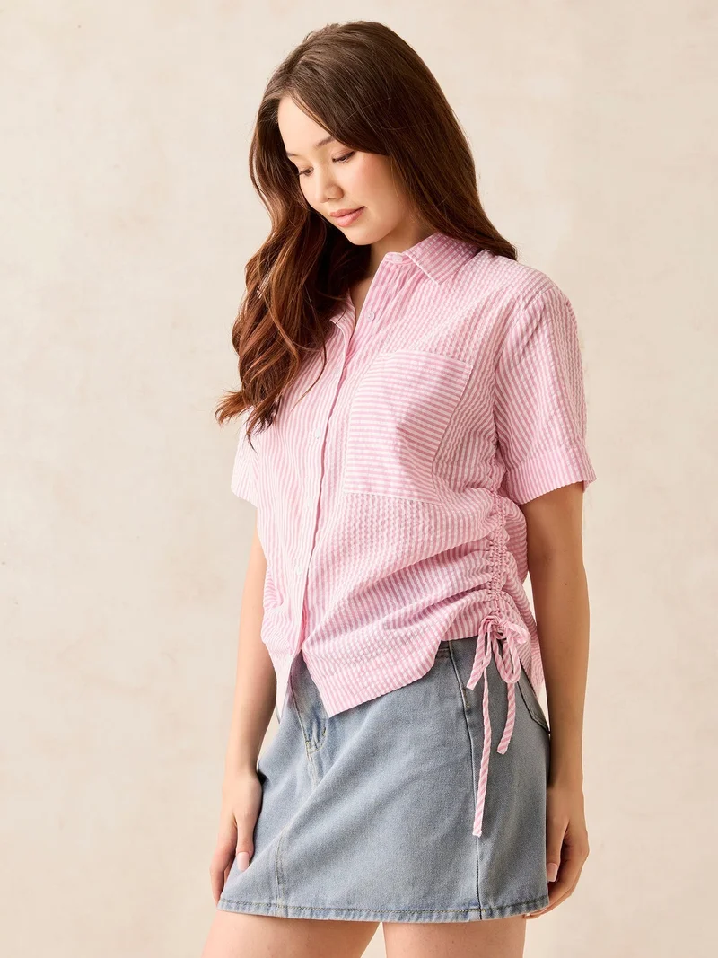 Outzidr Pink Pink Boxy Shirt With Side Ruching Detail for Women | Best Price UAE