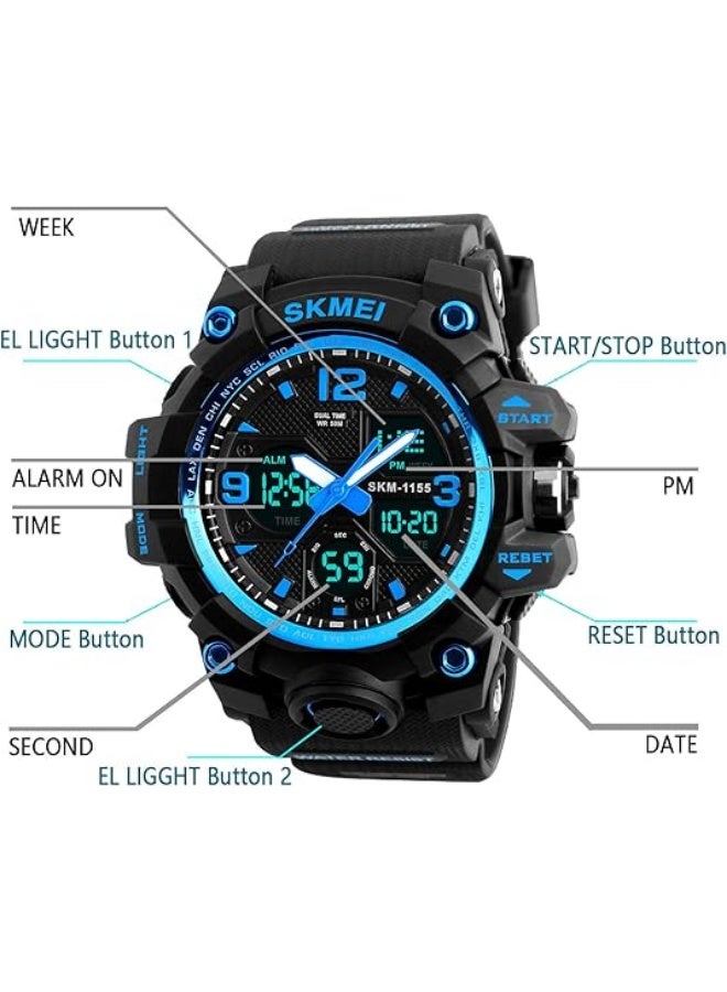 سكمي ساعة رجالية مقاومة للماء تناظرية ورقمية مقاومة للماء 1155B - 55 مم - أزرق - Image 5