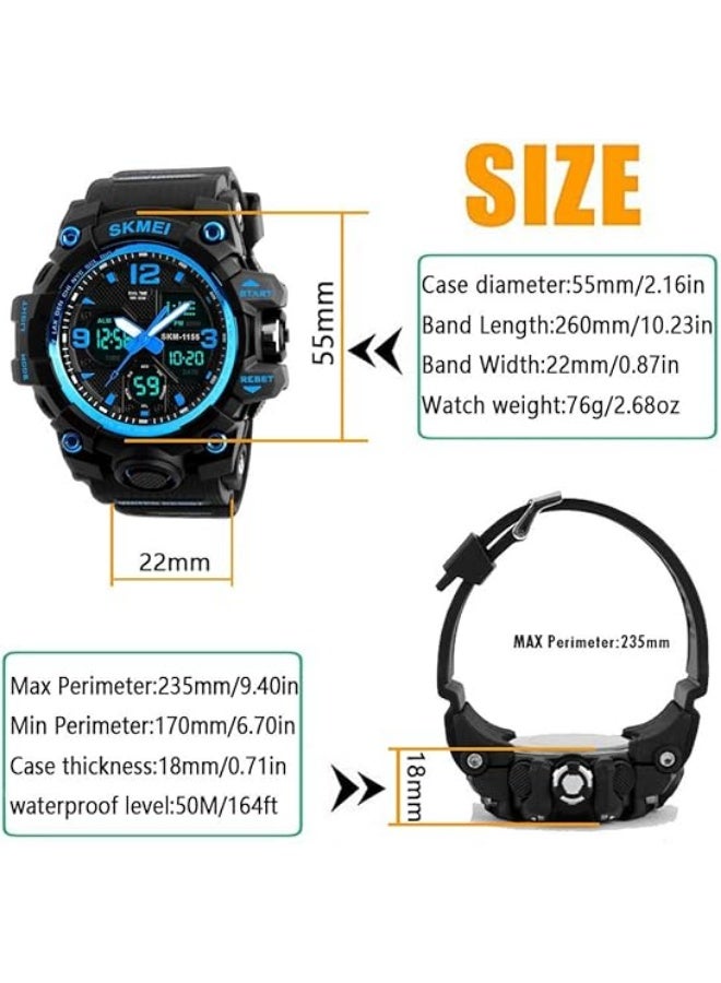 سكمي ساعة رجالية مقاومة للماء تناظرية ورقمية مقاومة للماء 1155B - 55 مم - أزرق - Image 3