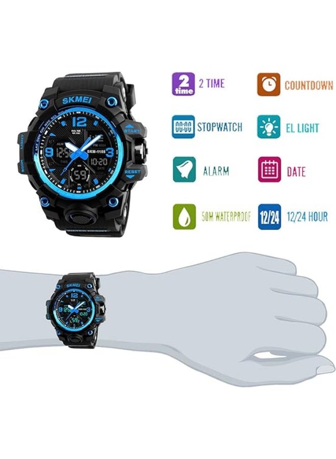 سكمي ساعة رجالية مقاومة للماء تناظرية ورقمية مقاومة للماء 1155B - 55 مم - أزرق - Image 4