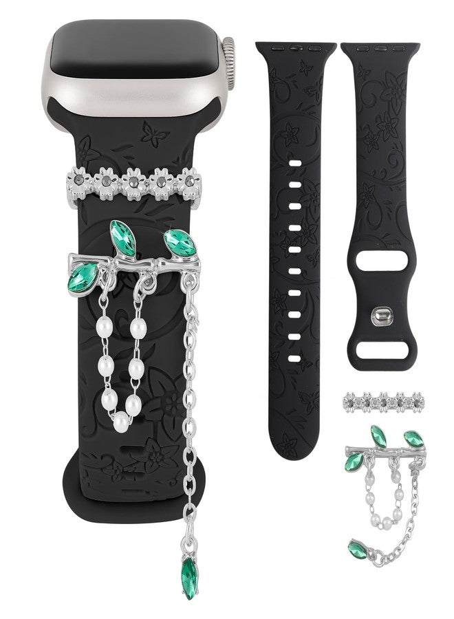 Wowstrap Floral Engraved Band for Apple Watch Bands 40mm for Women Men 41mm 38mm,Flower Soft Silicone Sport Band+Decorative Apple Watch Charms for iWatch Series 9 8 7 6 5 4 3 SE 2nd Ultra/2,Jewelry Loops Strap - Image 1