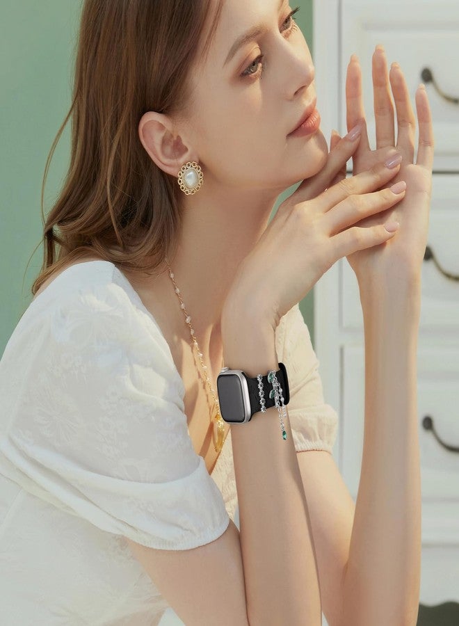 Wowstrap Floral Engraved Band for Apple Watch Bands 40mm for Women Men 41mm 38mm,Flower Soft Silicone Sport Band+Decorative Apple Watch Charms for iWatch Series 9 8 7 6 5 4 3 SE 2nd Ultra/2,Jewelry Loops Strap - Image 3