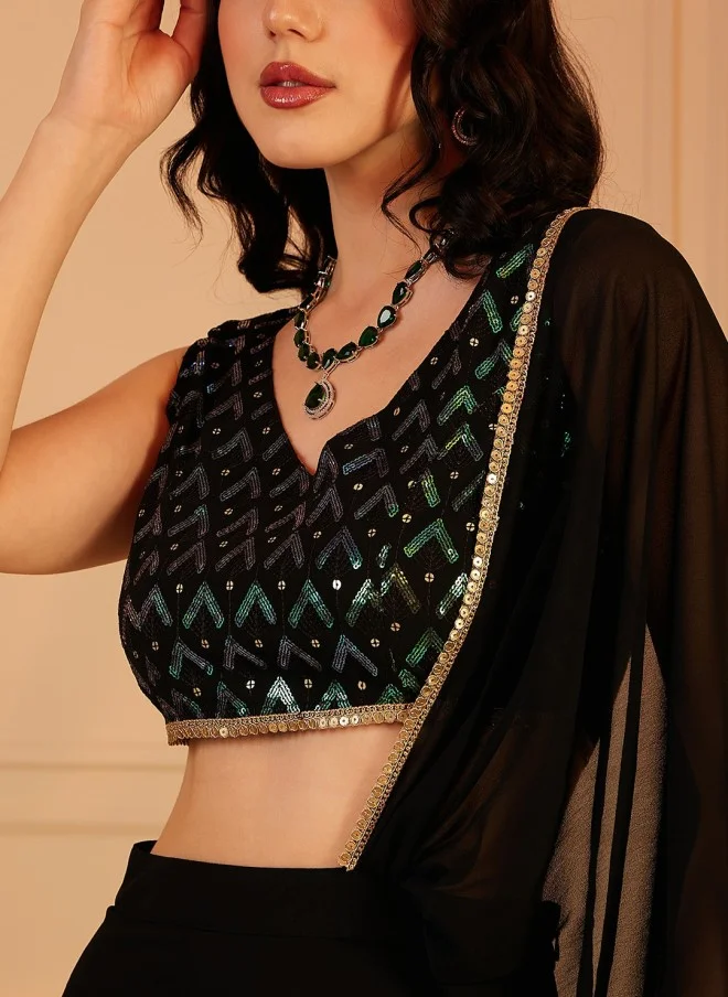 Indo Street Embellished Black V-Neck Top for Women