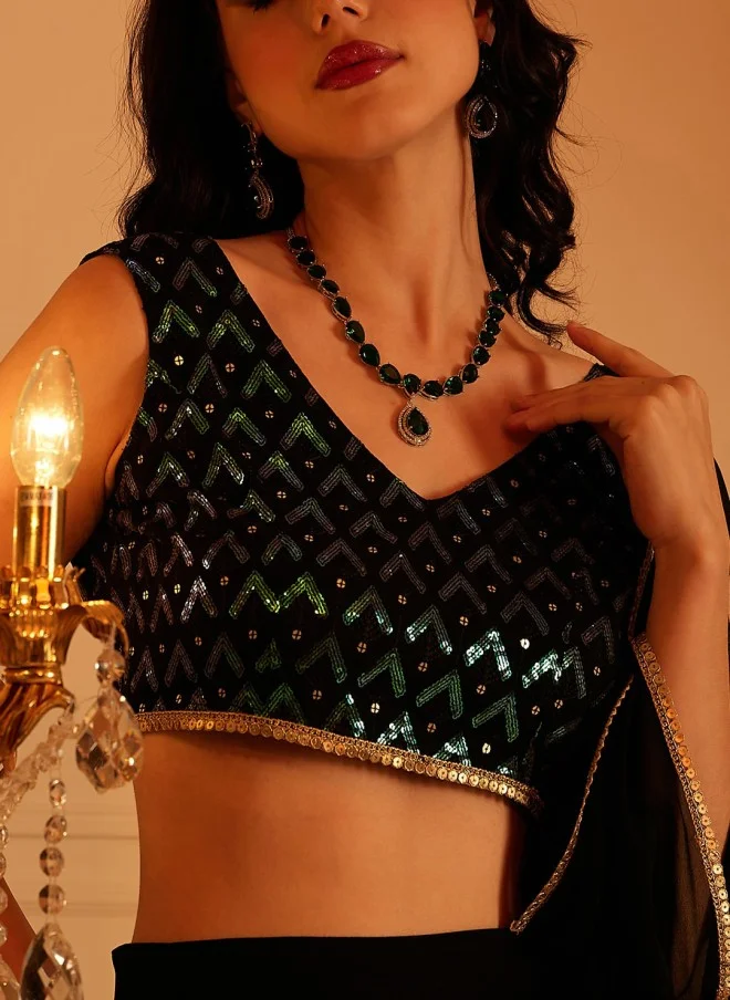 Indo Street Embellished Black V-Neck Top for Women
