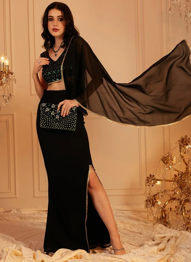 Indo Street Embellished Black V-Neck Top for Women