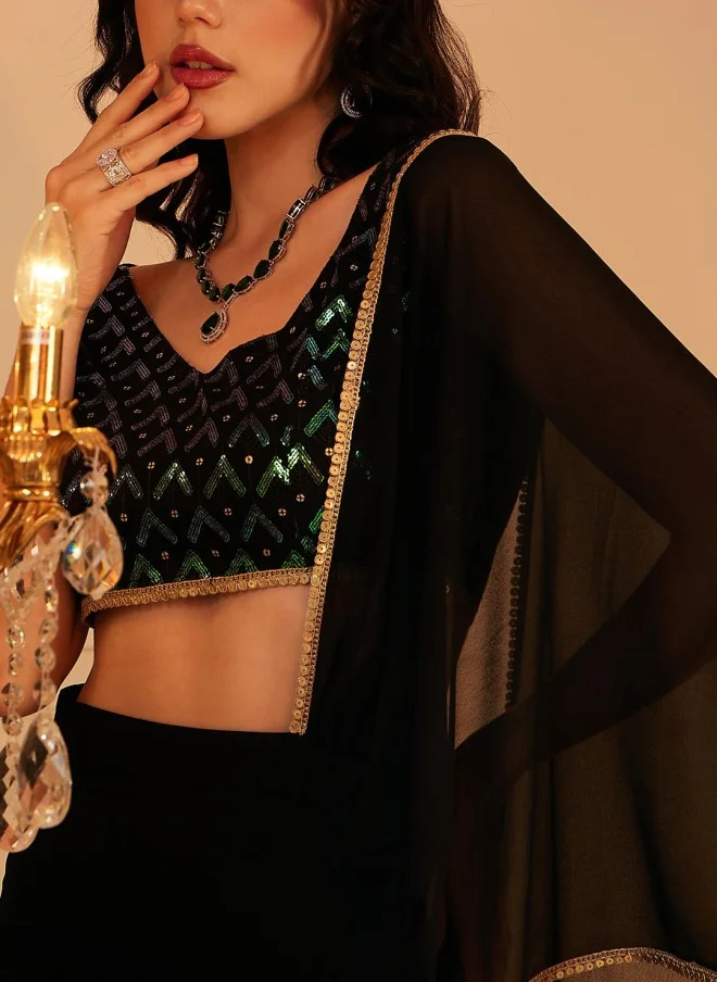 Indo Street Embellished Black V-Neck Top for Women