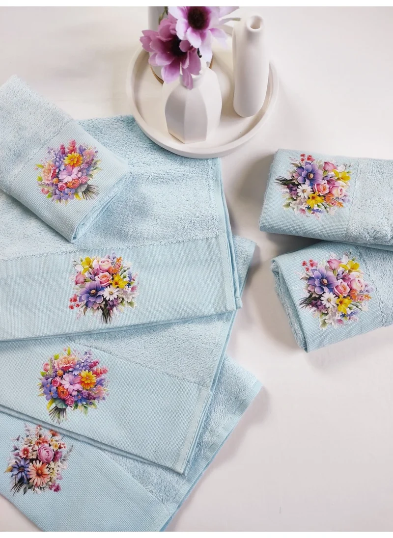 Sevim 3-Piece Digital Flower Printed Kitchen Towel Set - Bamboo Hand Towel Set - Extra Soft - Baby Blue - Flower Garden