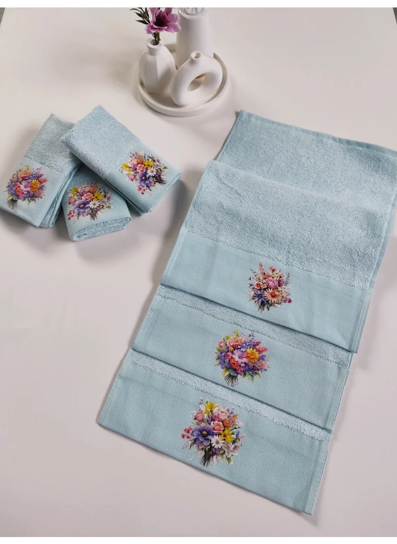 Sevim 3-Piece Digital Flower Printed Kitchen Towel Set - Bamboo Hand Towel Set - Extra Soft - Baby Blue - Flower Garden