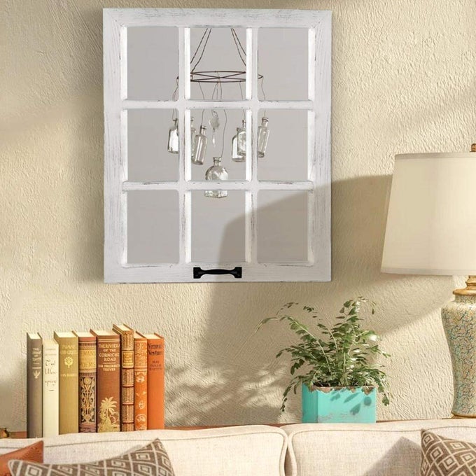 DECORATIVE WALL MIRRORDISTRESSED WOOD WINDOWPANE MIRROR FARMHOUSE MIRRORS FOR WALL WITH HANGING HARDWARE FOR BEDROOM LIVING ROOM BATHROOM KITCHEN 18WX23L