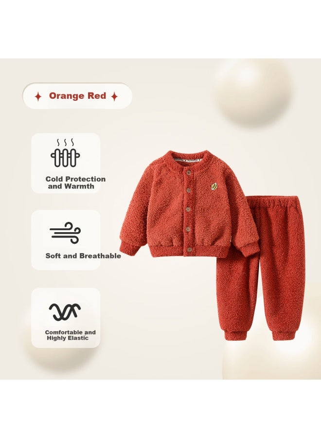 Shanbaomay Autumn Winter Half Velvet Children's Pajama Set Warm Thick Fleece Boys And Girls Homewear Set Orange Red 140cm - Image 1
