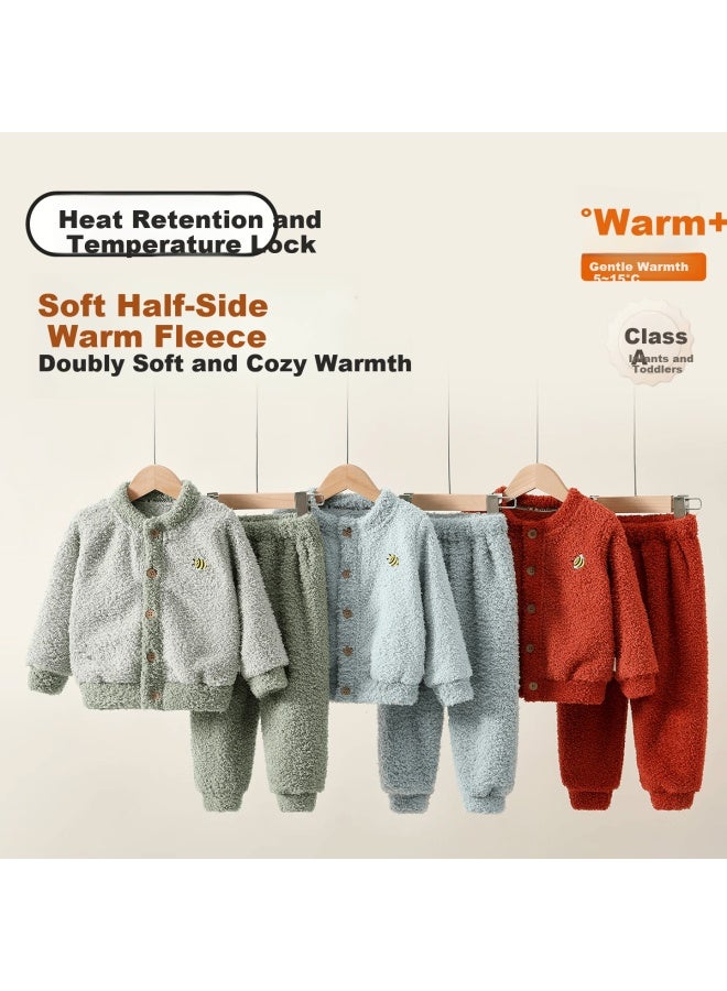Shanbaomay Autumn Winter Half Velvet Children's Pajama Set Warm Thick Fleece Boys And Girls Homewear Set Orange Red 140cm - Image 3