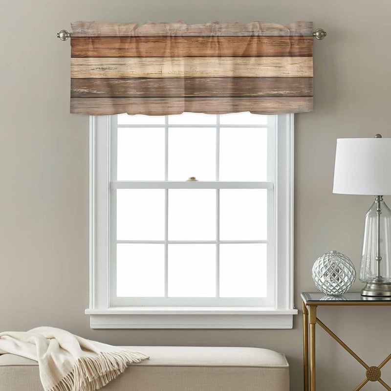 Farmhouse Beige Brown Valances for Windows, Short Curtains for Kitchen/Bathroom, Vintage Wooden Striped Rod Pocket Window Treatment for Living Room/Doorway/Bedroom/Cafe Decor Panel 56"x16" - Image 3