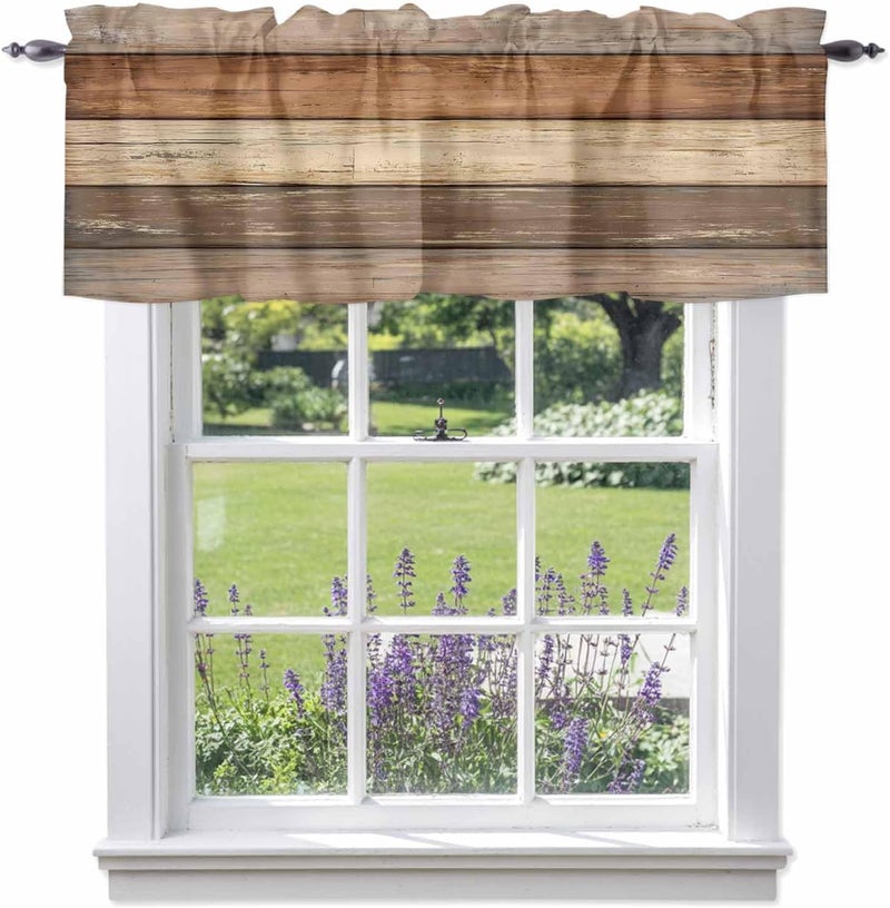 Farmhouse Beige Brown Valances for Windows, Short Curtains for Kitchen/Bathroom, Vintage Wooden Striped Rod Pocket Window Treatment for Living Room/Doorway/Bedroom/Cafe Decor Panel 56"x16" - Image 1