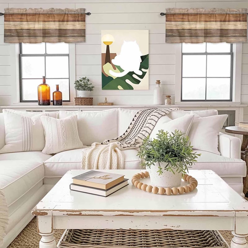 Farmhouse Beige Brown Valances for Windows, Short Curtains for Kitchen/Bathroom, Vintage Wooden Striped Rod Pocket Window Treatment for Living Room/Doorway/Bedroom/Cafe Decor Panel 56"x16" - Image 4
