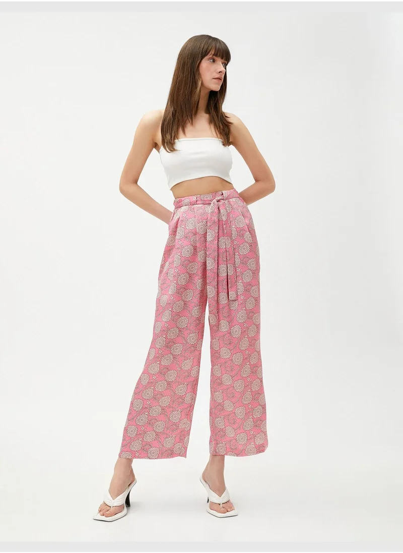 KOTON Floral Trousers Wide Leg Belt Detail