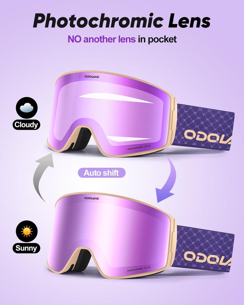 Odoland Photochromic Ski Goggles for Men Women Adult, Snow Snowboard Goggles with Pattern Strap for All Day Skiing Sports - Image 2