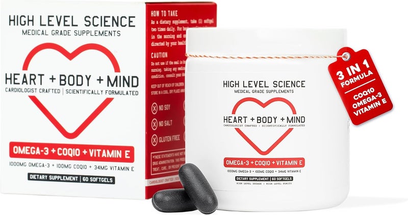 High Level Science CoQ10 Omega3 Vitamin E  Cardiologist Formulated for Heart  Body  Mind Health with DHAEPA Antioxidant for Energy Superior Bioavailable Fish Oil  Gluten Free 60 Softgels - Image 1