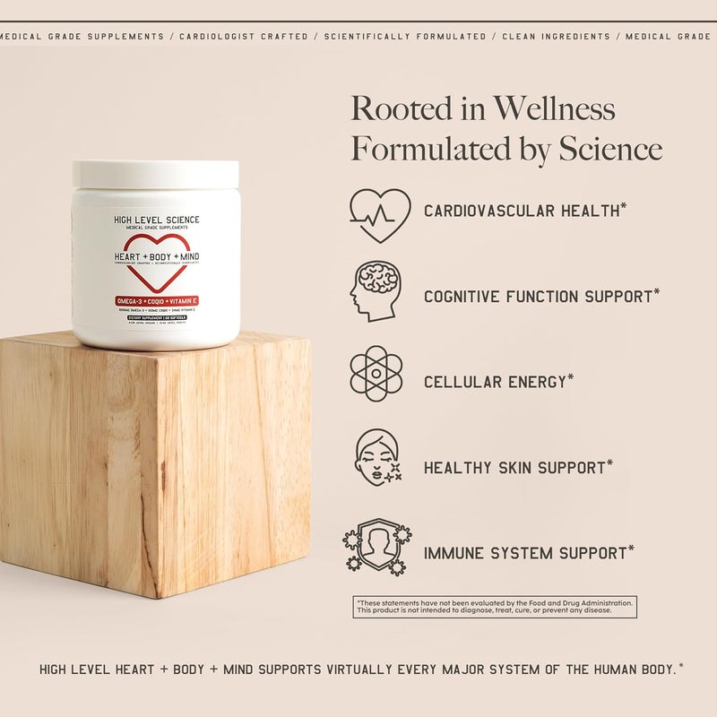 High Level Science CoQ10 Omega3 Vitamin E  Cardiologist Formulated for Heart  Body  Mind Health with DHAEPA Antioxidant for Energy Superior Bioavailable Fish Oil  Gluten Free 60 Softgels - Image 2