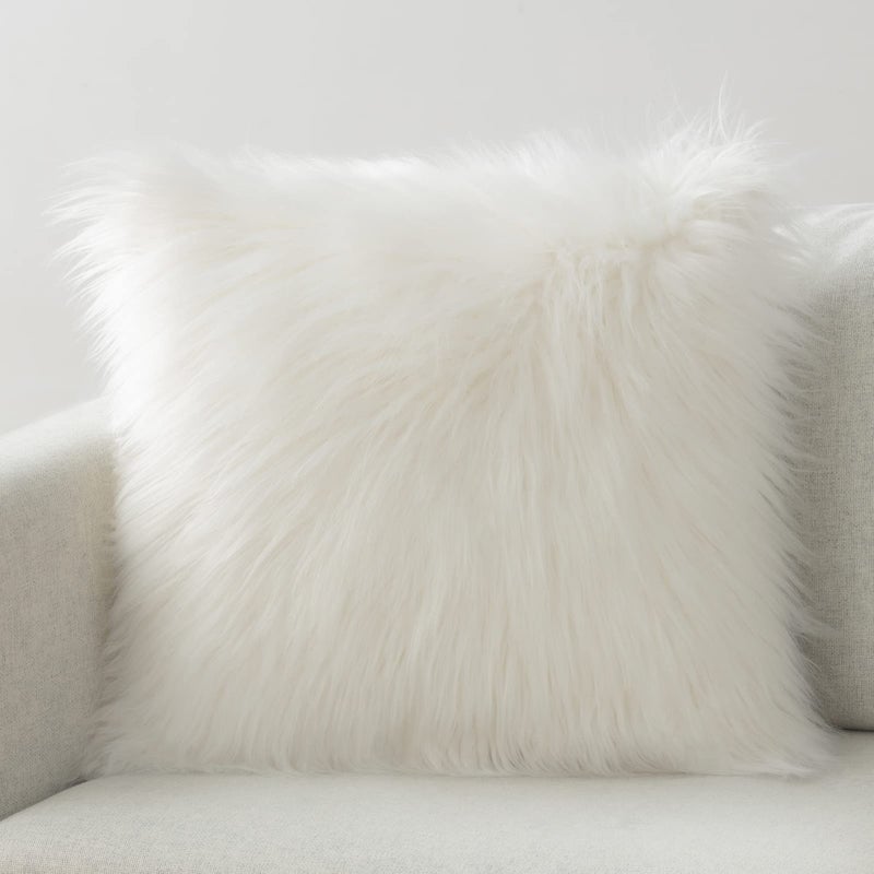 Phantoscope Faux Fur Solid Decorative Pillow Cover Fluffy Throw Pillow Mongolian Luxury Fuzzy Pillow Case Cushion Cover for Bedroom and Couch OffWhite 20 x 20 Inches Pack of 1