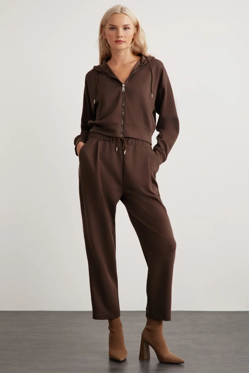 GRIMELANGE Gıada Women's Elastic Waist Short Comfortable Leg Relaxed Fit Organic Cotton Brown Sweatpants