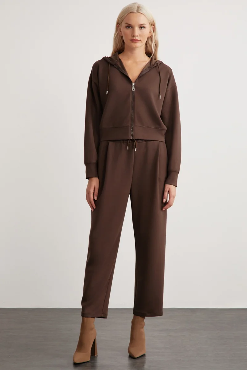 GRIMELANGE Gıada Women's Elastic Waist Short Comfortable Leg Relaxed Fit Organic Cotton Brown Sweatpants