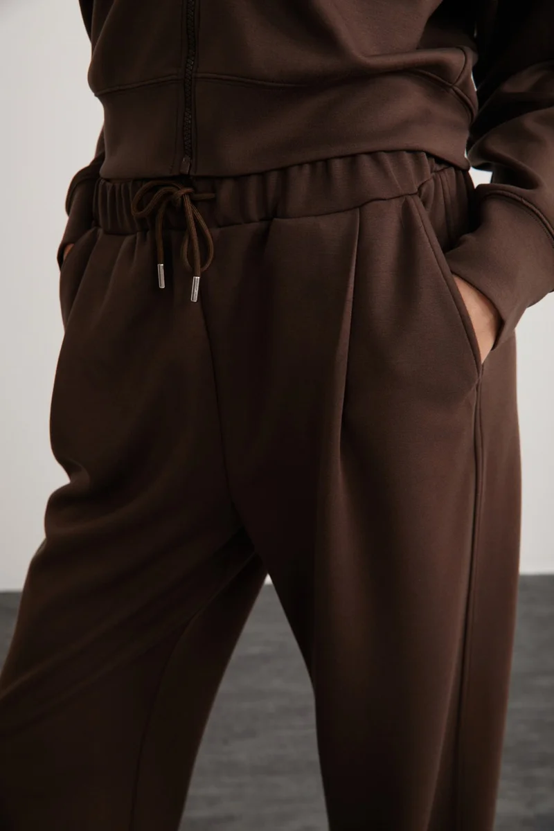 GRIMELANGE Gıada Women's Elastic Waist Short Comfortable Leg Relaxed Fit Organic Cotton Brown Sweatpants