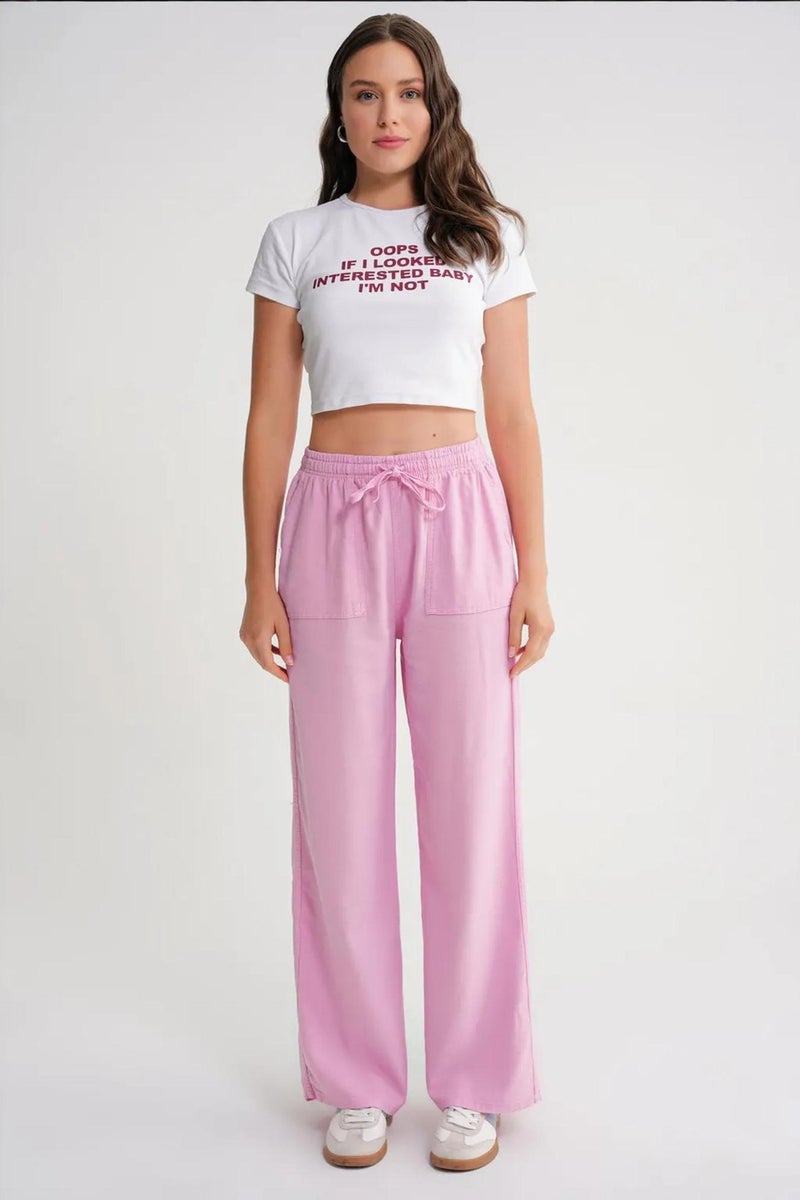 MIXRAY Mid Waist Straight Leg Cotton Pants with Tie Closure - Image 2