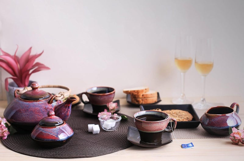Caffeine Ceramic Handmade Stoneware Plum Ferrous Printed Tea Set Set of 15 pcs Microwave Dishwasher Safe Tea Set - Image 1