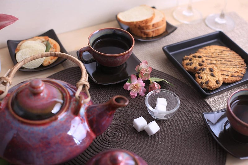Caffeine Ceramic Handmade Stoneware Plum Ferrous Printed Tea Set Set of 15 pcs Microwave Dishwasher Safe Tea Set - Image 2