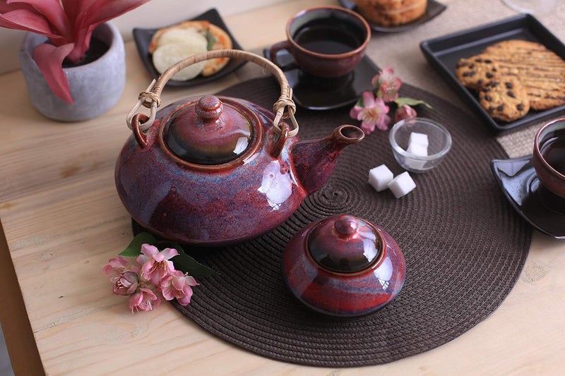 Caffeine Ceramic Handmade Stoneware Plum Ferrous Printed Tea Set Set of 15 pcs Microwave Dishwasher Safe Tea Set - Image 4