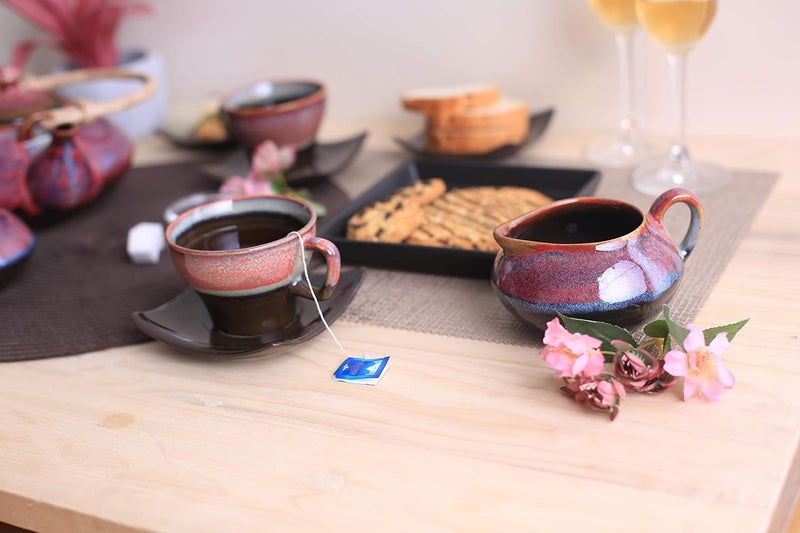 Caffeine Ceramic Handmade Stoneware Plum Ferrous Printed Tea Set Set of 15 pcs Microwave Dishwasher Safe Tea Set - Image 3