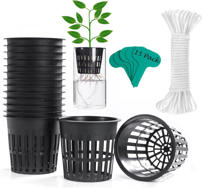 ORIMERC 4 inch 15 Pack Net Cups Pots, with 15 feet Self Watering Rope, 15 Plant Labels, for Hydroponics Aquaponics Kratky Orchid Vegetable Indoor Outdoor Growing Baskets Nursery Slotted Mesh BPA Free - Image 1
