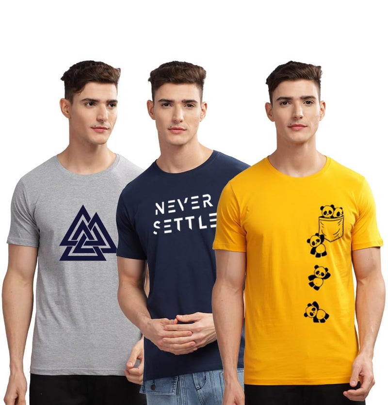 ADRO 100% Cotton Lycra Tshirts for Men Combo Pack of 3 | Regular Fit | Printed T Shirt | Round Neck Half Sleeve| Mens Tshirts|RCM3_POC-MU_Set-NB_TKT-GR_L - Image 1