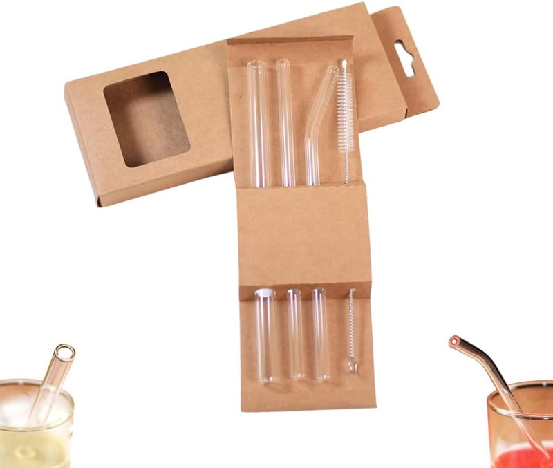 MARKQ طقم مصاصات زجاجية - 3 أشكال مختلفة من المصاصات القابلة لإعادة الاستخدام + 1 فرشاة تنظيف، مصاصات شرب شفافة ومتينة للعصائر، القهوة، الشاي والمشروبات - عبوة من 1 - Image 1