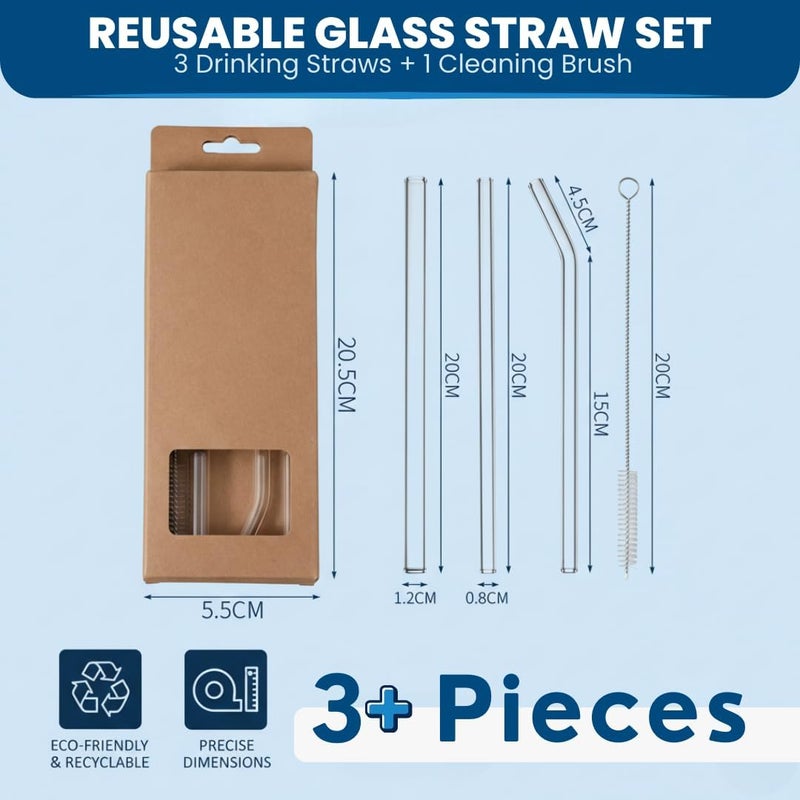 MARKQ طقم مصاصات زجاجية - 3 أشكال مختلفة من المصاصات القابلة لإعادة الاستخدام + 1 فرشاة تنظيف، مصاصات شرب شفافة ومتينة للعصائر، القهوة، الشاي والمشروبات - عبوة من 1 - Image 2