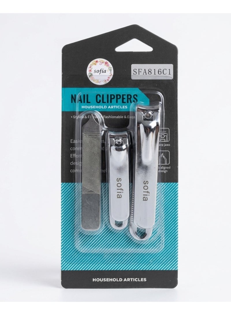 Sofia Premium Stainless Steel Nail Clipper Set with File - 3 Pieces - Image 1