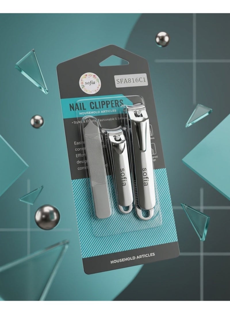 Sofia Premium Stainless Steel Nail Clipper Set with File - 3 Pieces - Image 3
