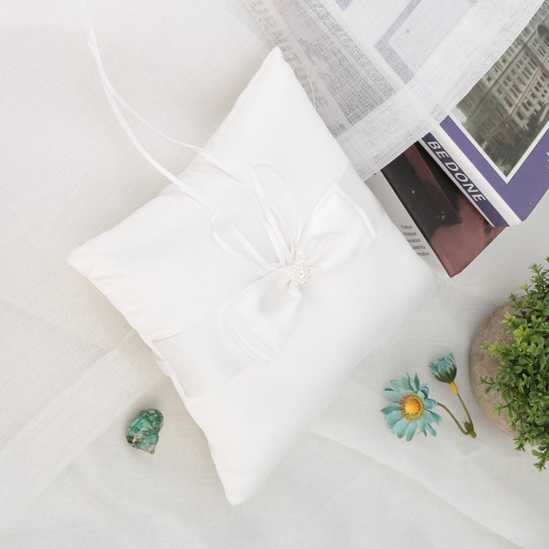 White Satin Bowknot Ring Bearer Pillow Holder Wedding Ring Pillow with Simulation Pearl 20*20cm - Image 4