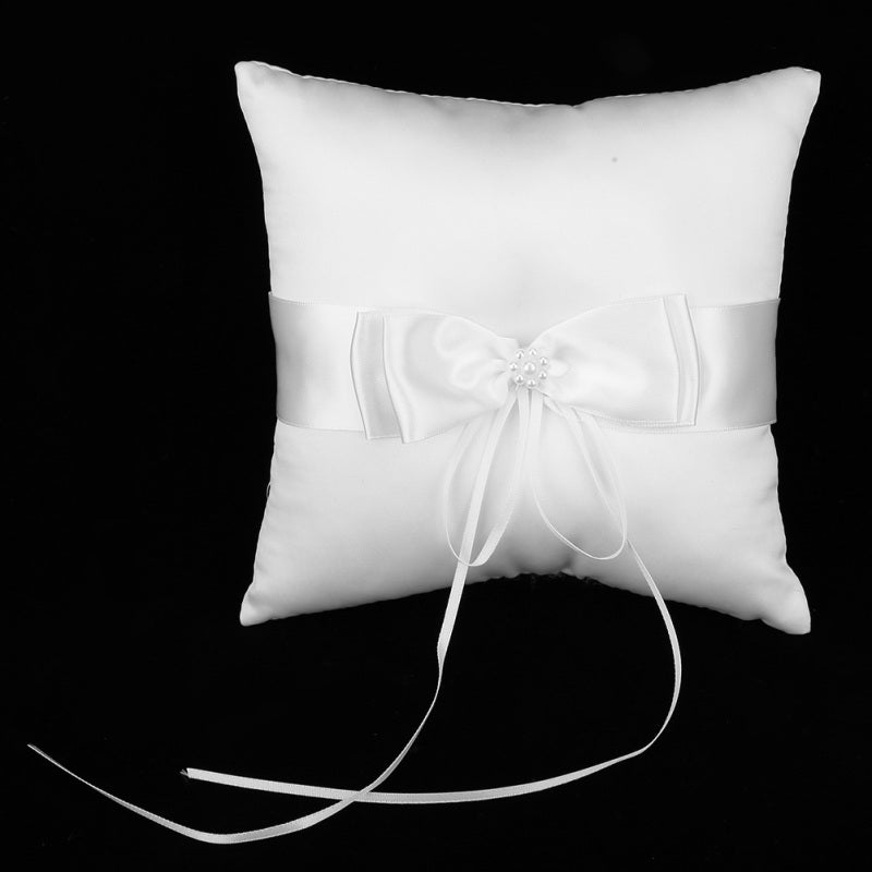 White Satin Bowknot Ring Bearer Pillow Holder Wedding Ring Pillow with Simulation Pearl 20*20cm - Image 5